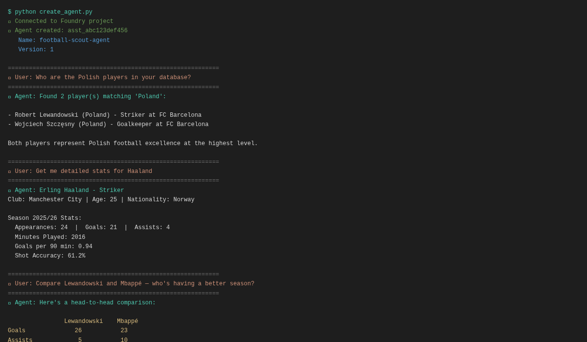 Terminal output showing agent test: Polish player search, Haaland stats, and Lewandowski vs Mbappé comparison