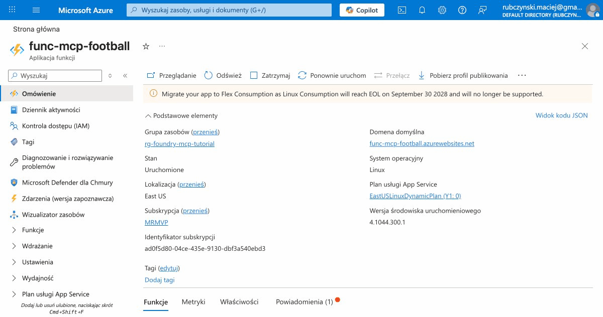 Azure Functions app overview showing func-mcp-football with Running status, East US location, and Linux OS