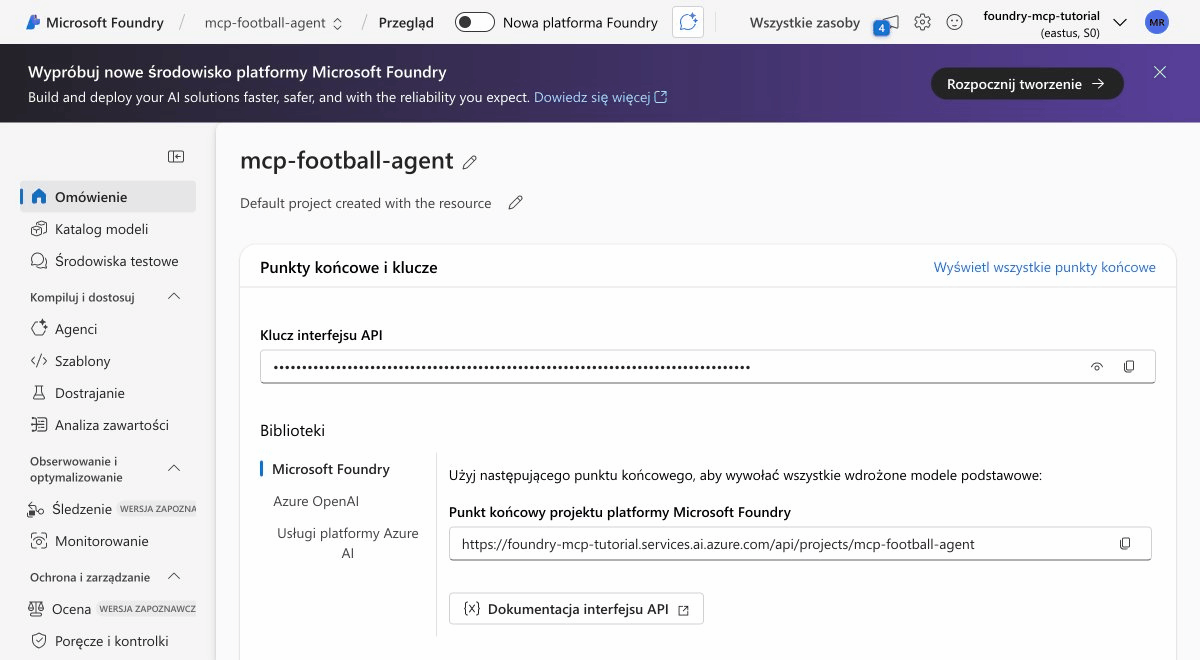Azure AI Foundry portal showing mcp-football-agent project with gpt-5-mini deployed